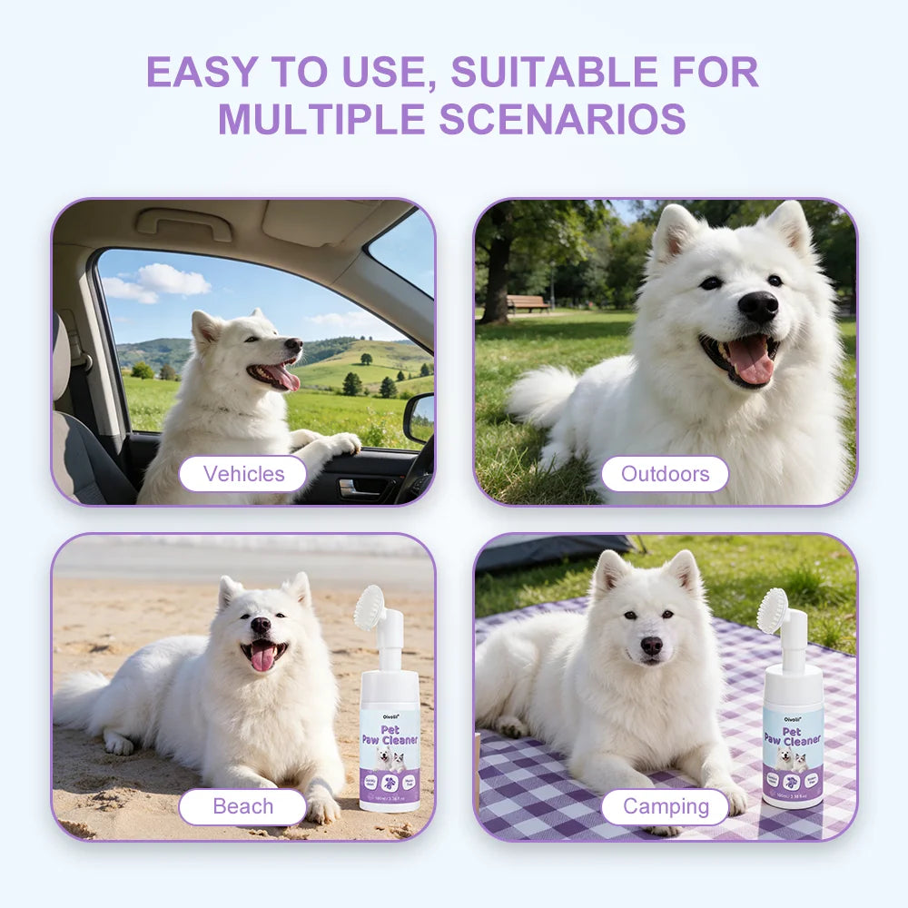 Waterless Pet Paw Cleaner product shown in various scenarios including vehicles, outdoors, beach, and camping.