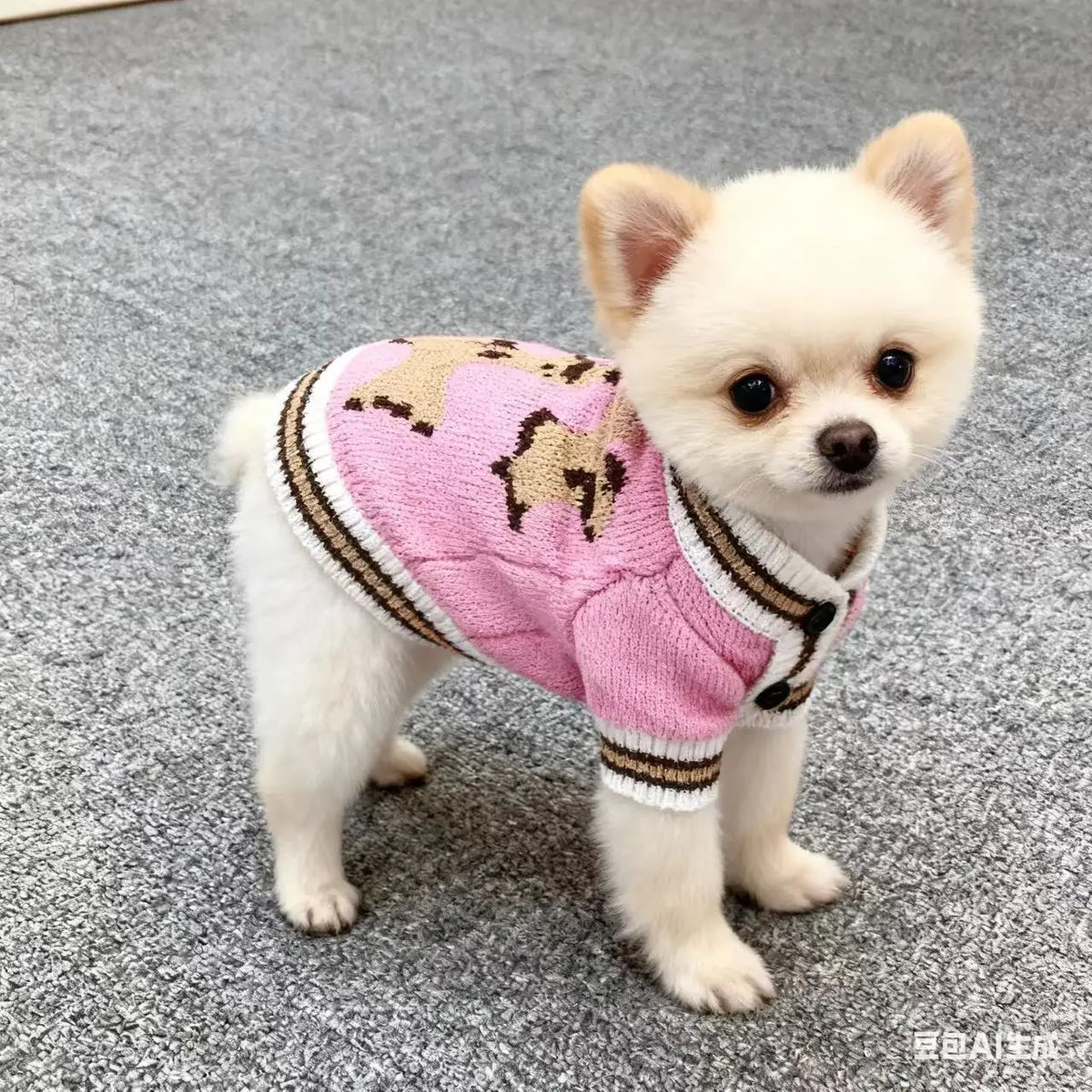 Ein flauschiger weißer Hund in einem rosa-braunen Strickpullover.