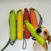 A set of five bright colored durable EVA chew toys for large dogs, including lime green, yellow, red, and orange.