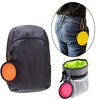 A dark gray portable silicone dog travel bowl is shown next to a zoomed-in view of the bowl attached to denim jeans.