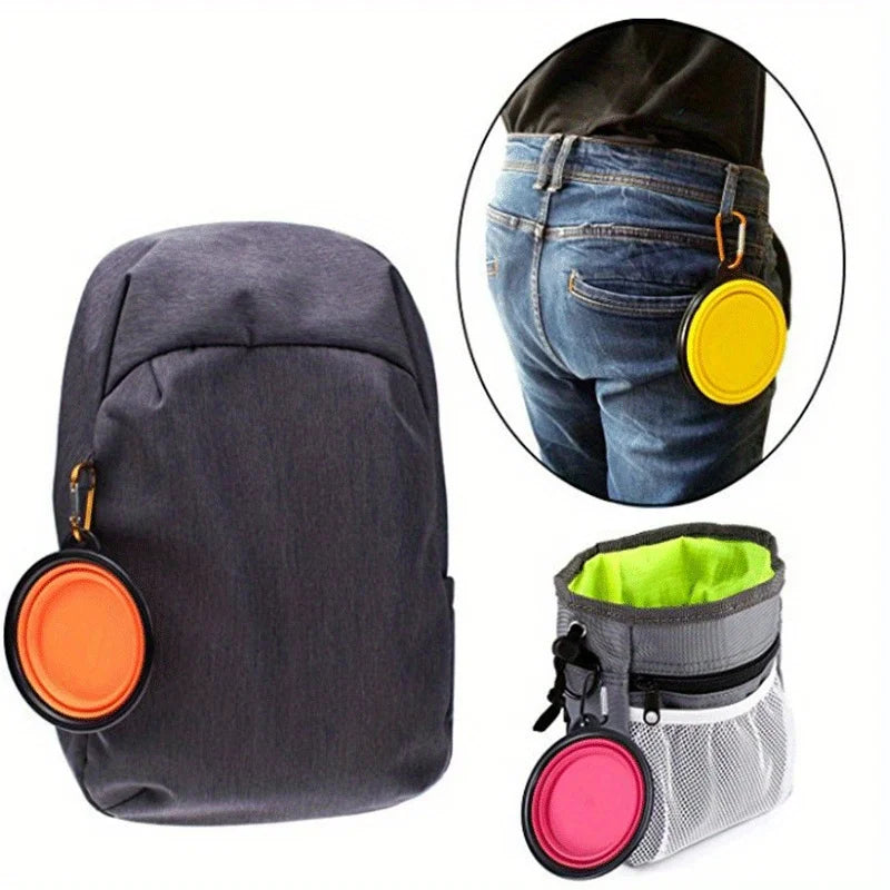 A dark gray portable silicone dog travel bowl is shown next to a zoomed-in view of the bowl attached to denim jeans.