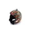 Schutzhelm für Haustiere, Hähnchen, silbermetallic mit roter Flammen-Design.