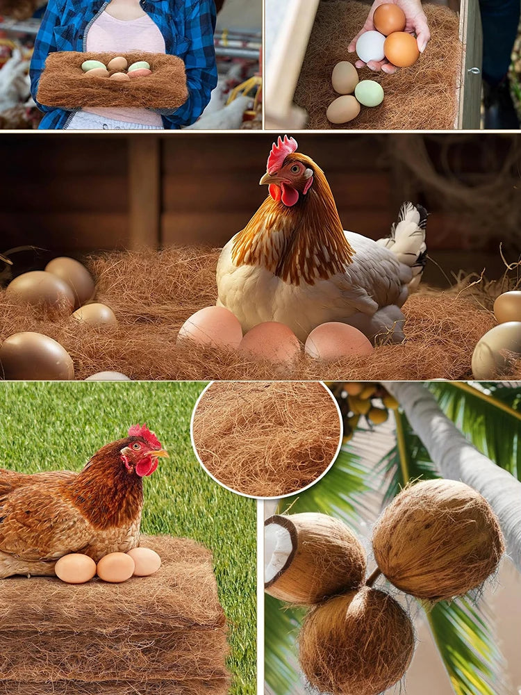 Various natural coconut coir nesting liners and straw bedding used for chicken coops.