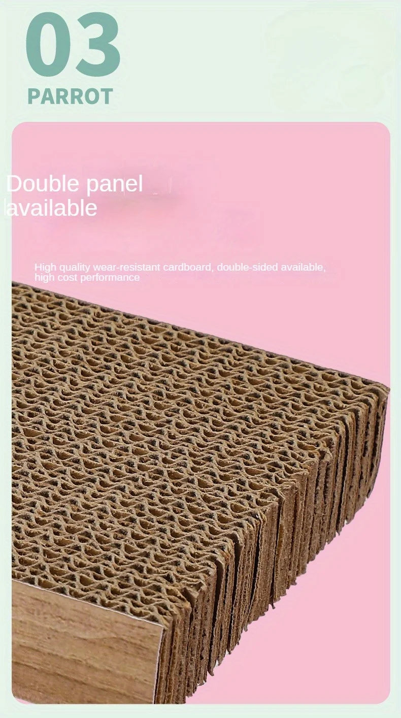 A close-up view of a double-panel natural cardboard bird perch stand with a textured surface.
