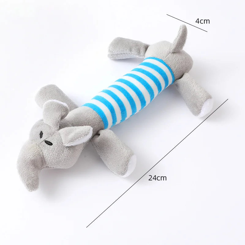 A gray plush toy shaped like a donkey or horse with a blue striped neck, measuring 24cm long.