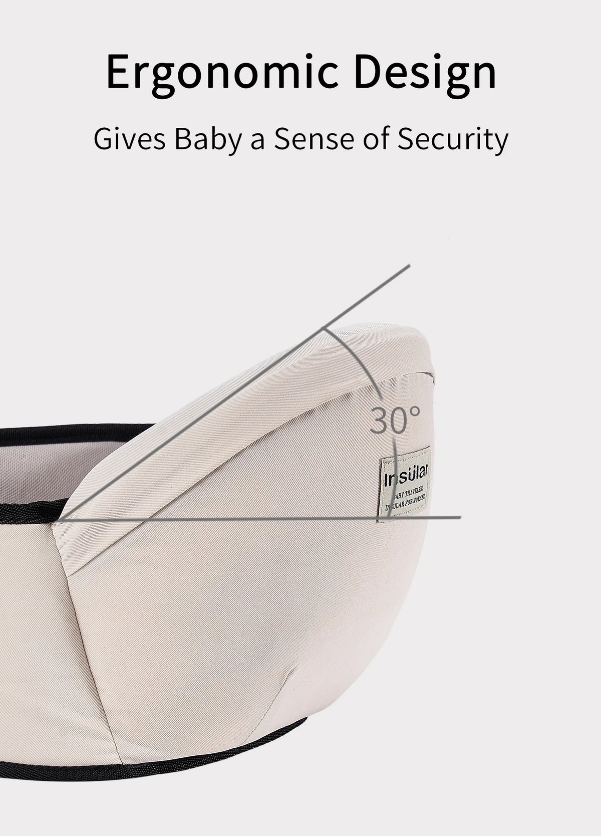 Nahaufnahme eines beigen Babytrage-Hipseats mit ergonomischem Designmerkmal, gekennzeichneter 30-Grad-Winkel.