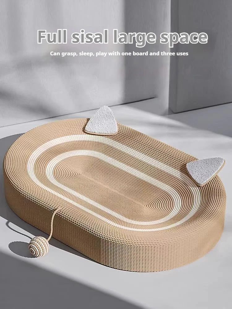 A round woven sisal board with concentric lines and small textured pieces is shown on a light surface.