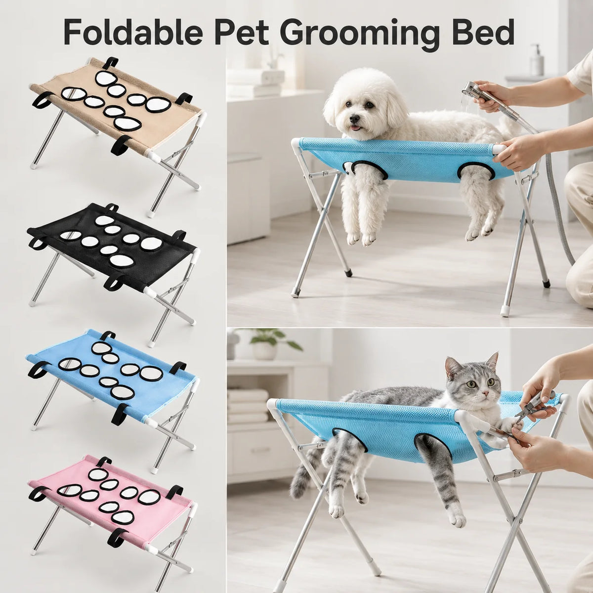 Cama para aseo de mascotas plegable en varios colores y ángulos, utilizada por un perro blanco y un gato.