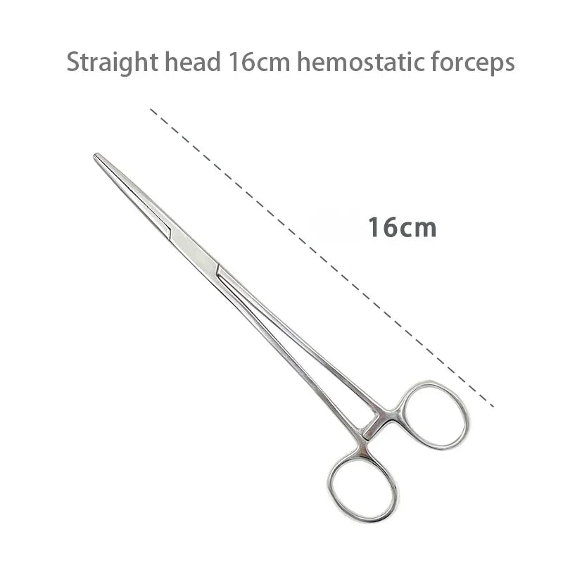 A straight head 16cm hemostatic forceps made of stainless steel.