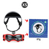A black pet helmet and red goggles set for dogs and cats, shown with size indicators.