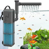A gray aquarium filter pump with a long nozzle is shown operating in water, with small fish and aquatic plants visible.