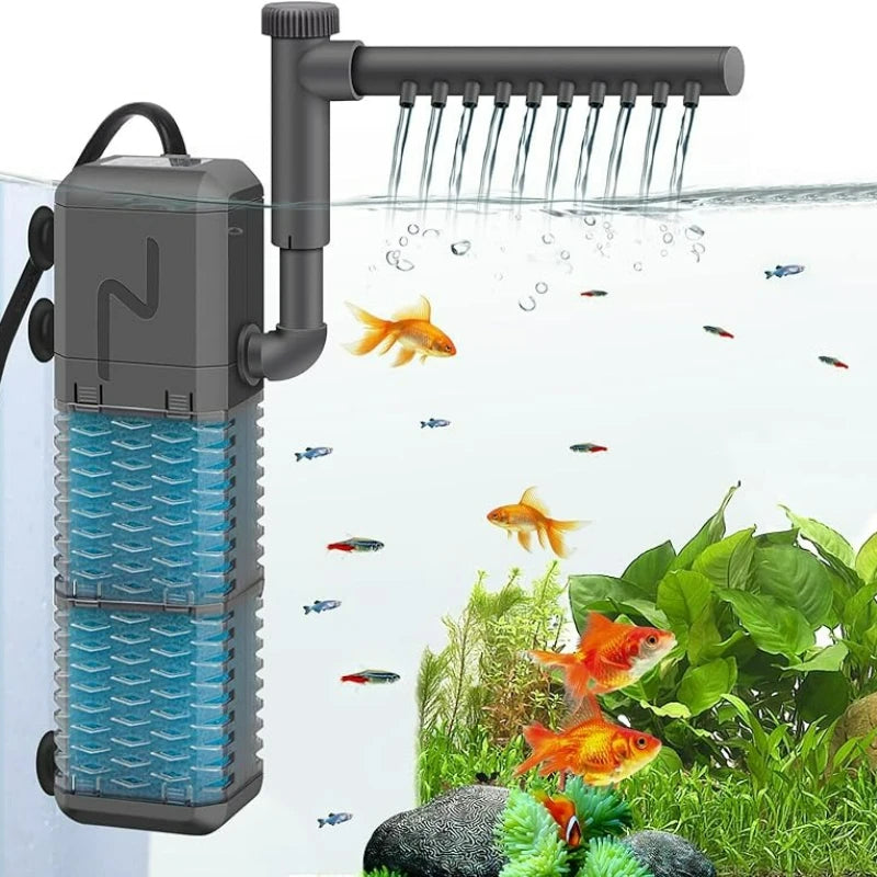 A gray aquarium filter pump with a long nozzle is shown operating in water, with small fish and aquatic plants visible.