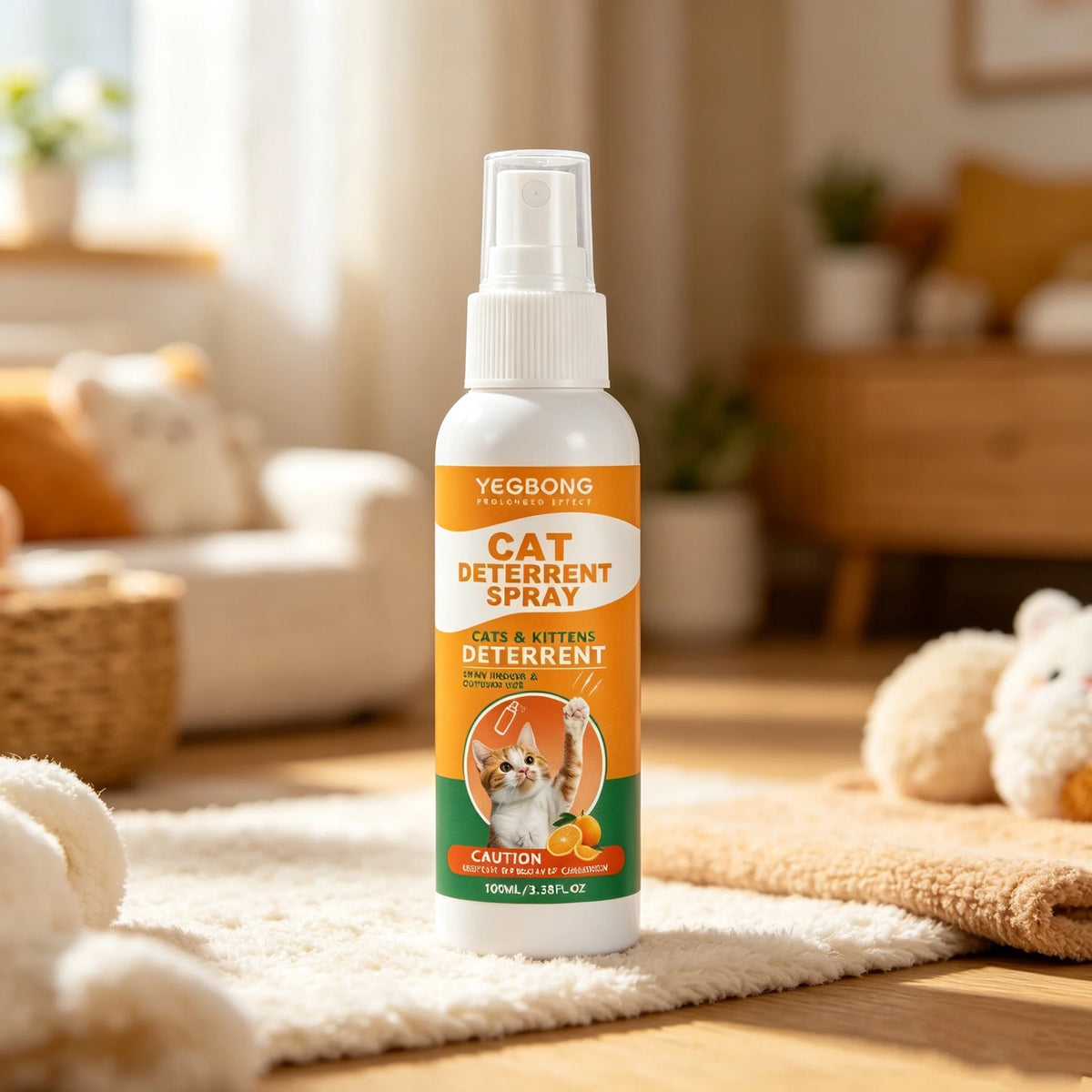 A bottle of Yegbong Cat Deterrent Spray with a white pump dispenser sitting on a light-colored rug.