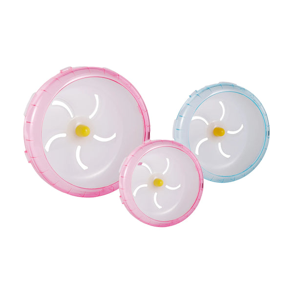 Two plastic hamster running wheels, one pink and one light blue.
