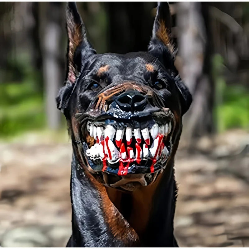 A black dog with a funny muzzle costume showing its teeth and blood, looking fierce.