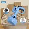 A blue portable pet poop picker scooper with an ergonomic handle is shown against a light background.