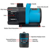 A black submersible water pump with a blue handle, filter hood, and base, shown alongside its control unit.