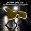A yellow dog wearing an ultra-reflective raincoat with glowing strips walks on a wet street at night.