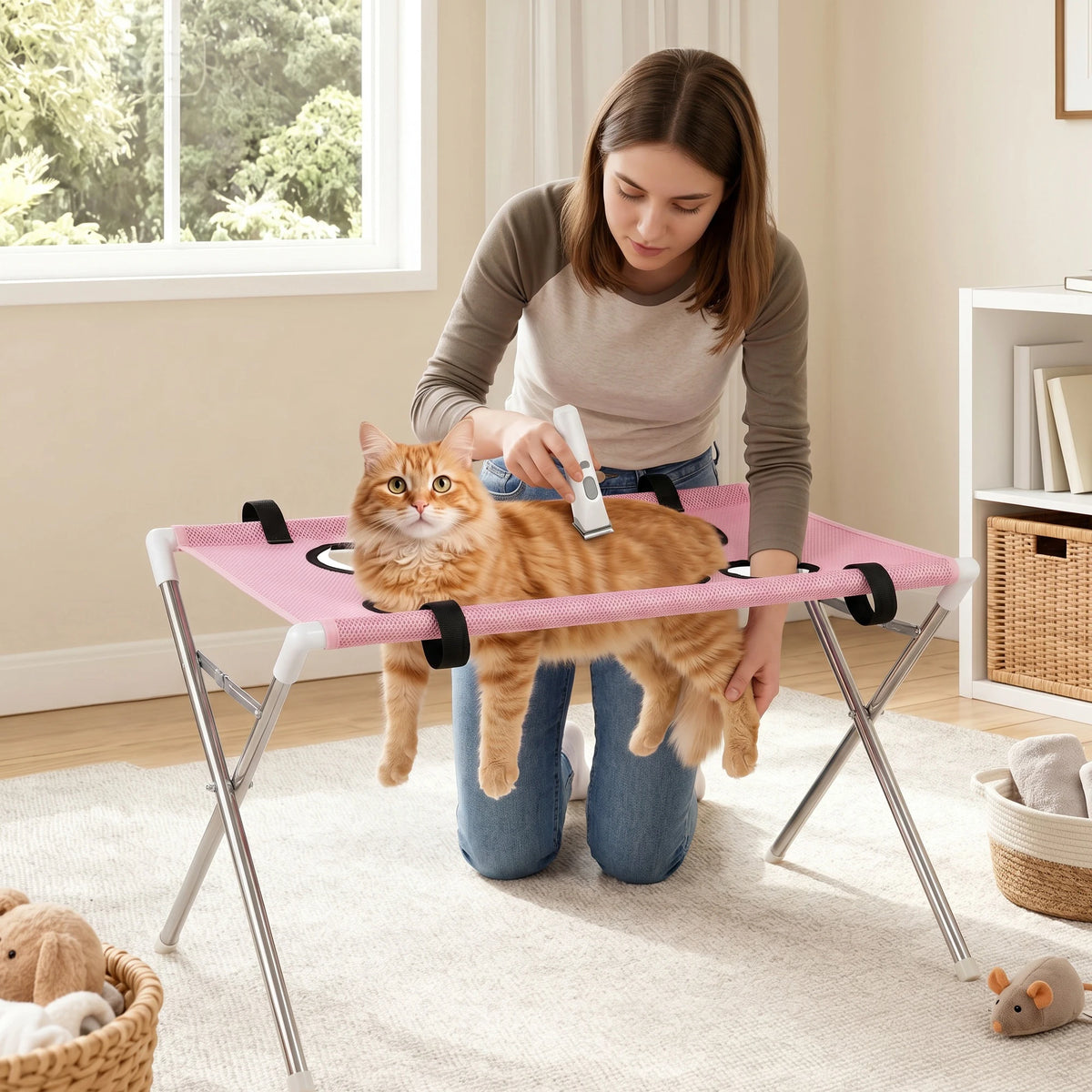 Una mujer usa una hamaca plegable rosa para dar forma a las uñas de un gato naranja en interiores.
