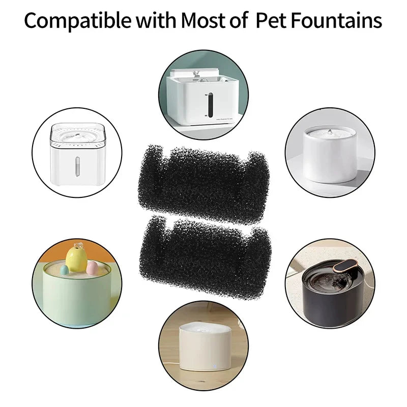 Sponge replacement filters for pet fountains shown with various compatible fountain types and filter components.