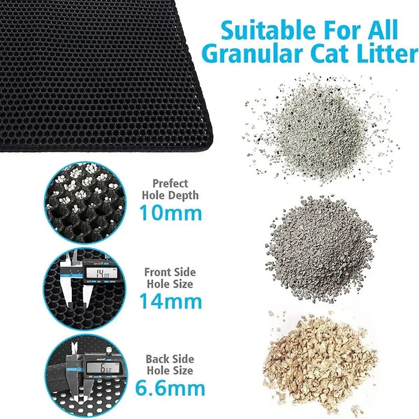 A black durable waterproof cat litter mat with various sized holes for granular cat litter.