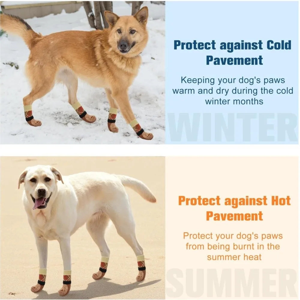 Dog wearing knitted anti-slip socks for protection against cold pavement and hot pavement.
