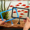 Des mains tiennent un anneau d'alimentation bleu avec un cadre noir, positionné au-dessus d'un aquarium rempli de poissons ro