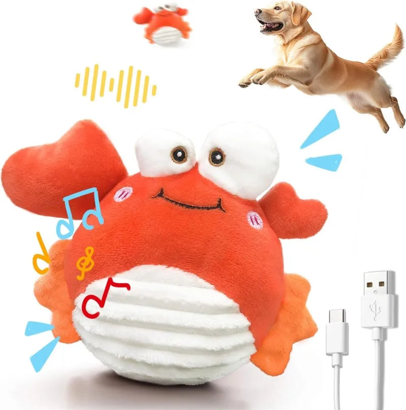 An orange plush crab toy with white eyes and a white bouncing ball, next to a dog.