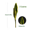 Two leaves of an artificial snake plant in green tiger piran style shown without a pot.