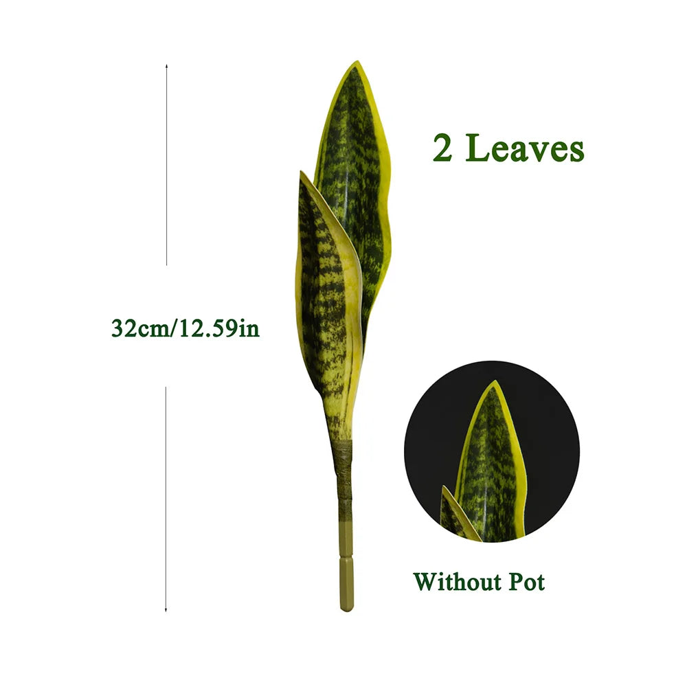 Two leaves of an artificial snake plant in green tiger piran style shown without a pot.