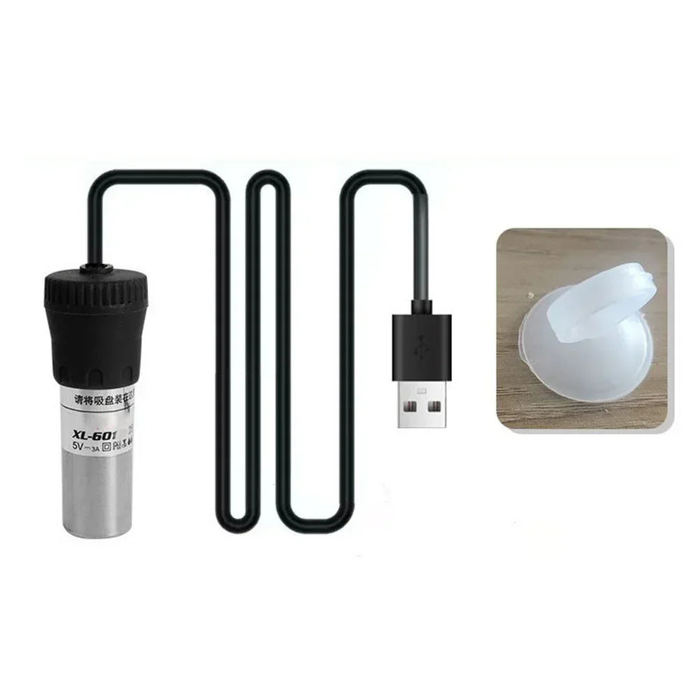 Calentador para acuario USB negro ajustable con cable enrollado y elemento calefactor blanco.