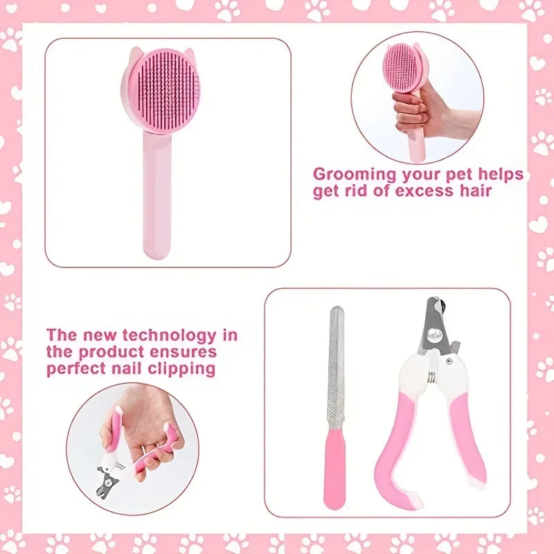 Multitool-Tierpflege-Set mit rosa Bürste und Nagelscheren