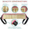 Natural jute/burlap construction for a durable finishing dog tug of war training toy.