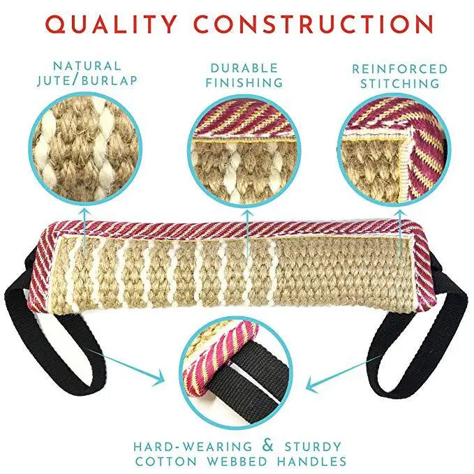 Natural jute/burlap construction for a durable finishing dog tug of war training toy.