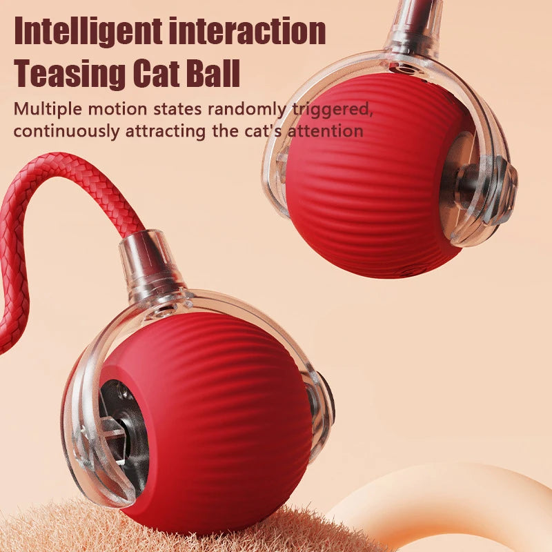 A red intelligent interaction teasing cat ball toy with a clear plastic housing and a pink faux tail visible.