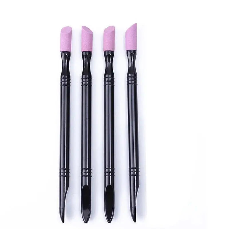 A set of five professional nail file and cuticle remover tools in various shades of pink.