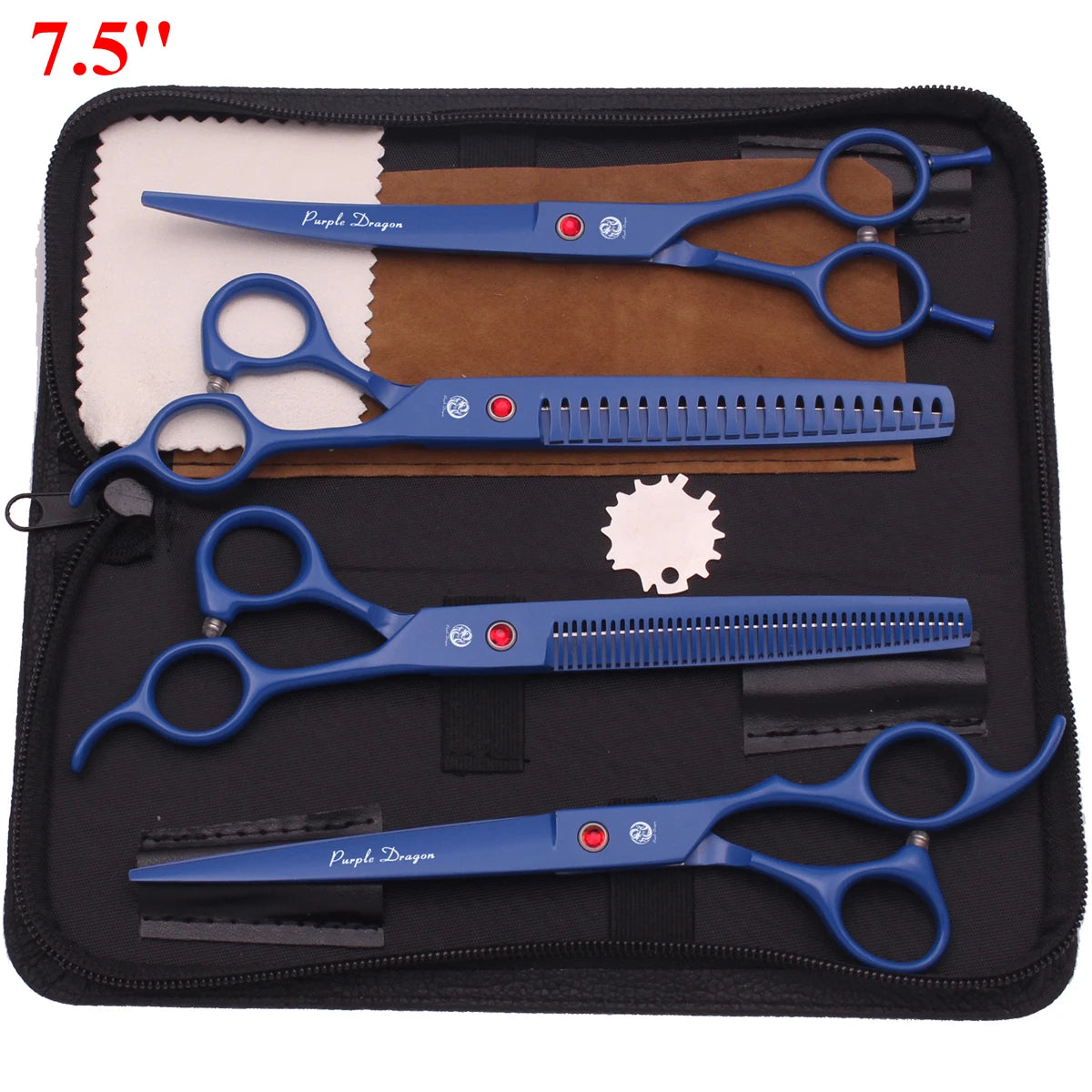 Ein Set aus drei blauen und silbernen Edelstahl-Groomer-Schere für Haustiere in einer schwarzen Hülle.