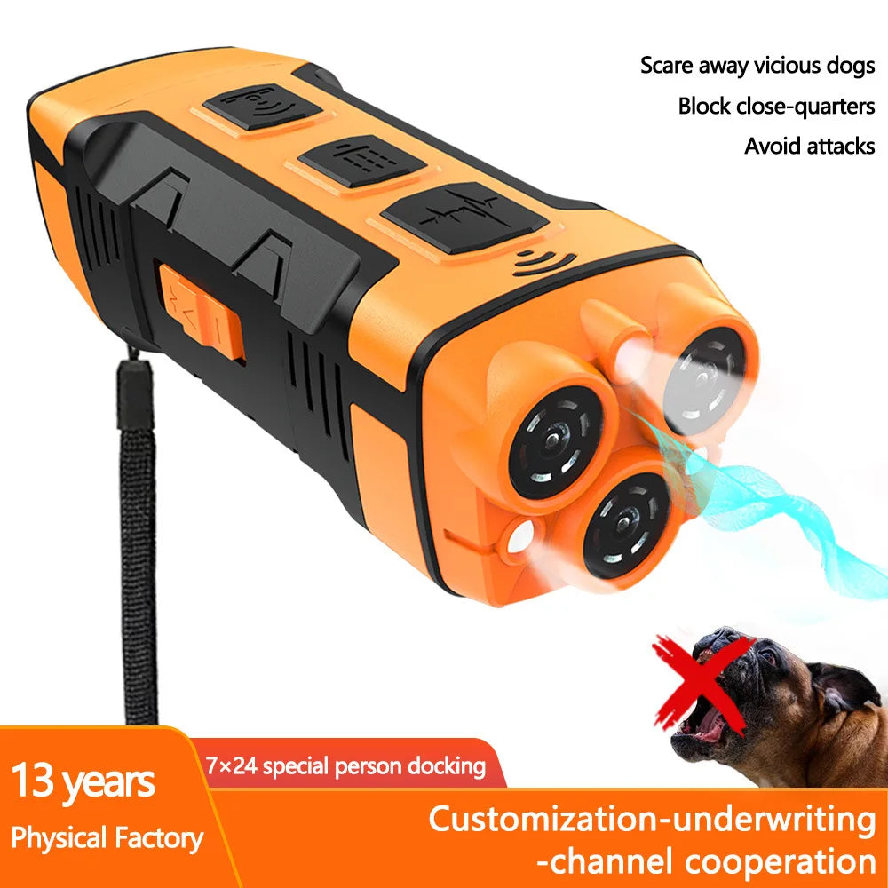 An orange and black ultrasonic dog bark control device is shown with a dog's head nearby.