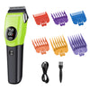 A cordless pet grooming clipper in lime green with black accents and various replacement blades.