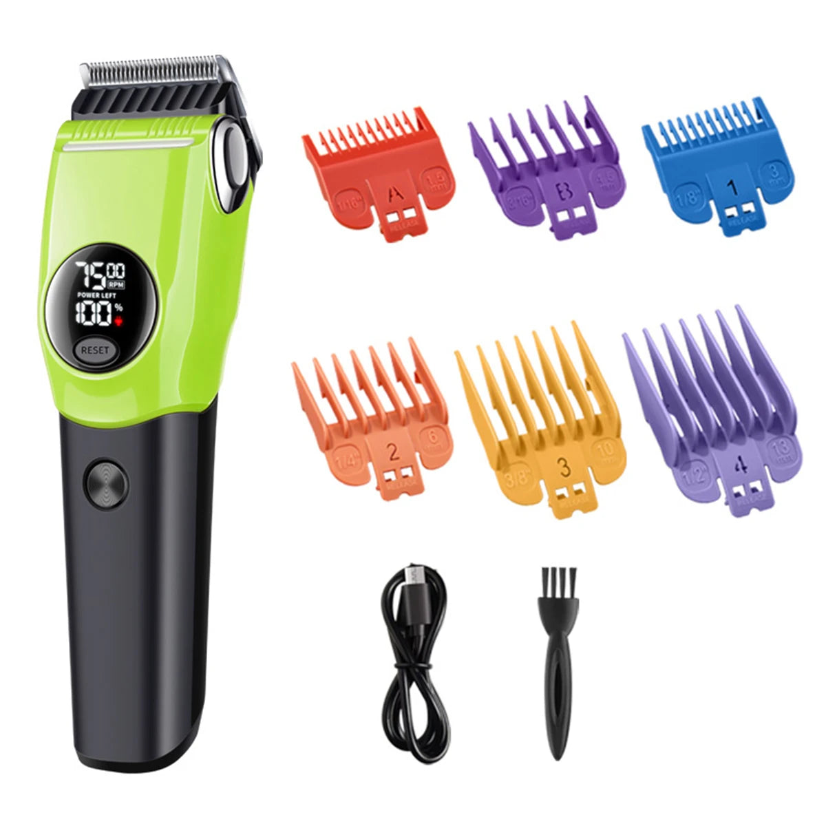 A cordless pet grooming clipper in lime green with black accents and various replacement blades.