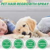 A dog is lying down with a person applying a pet hair regrowth spray on its fur.