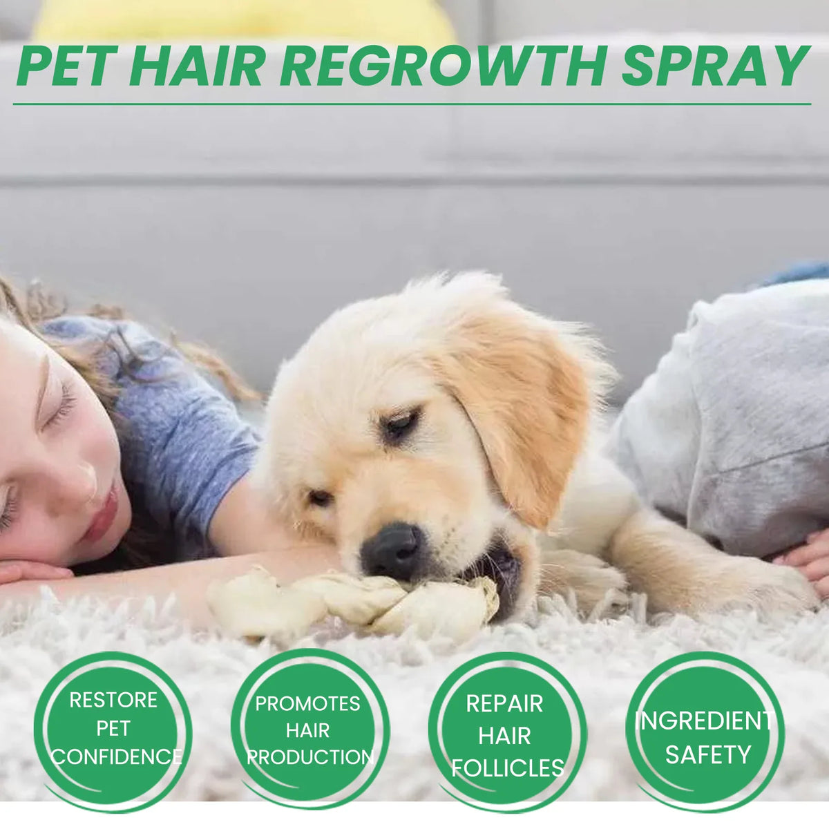 A dog is lying down with a person applying a pet hair regrowth spray on its fur.