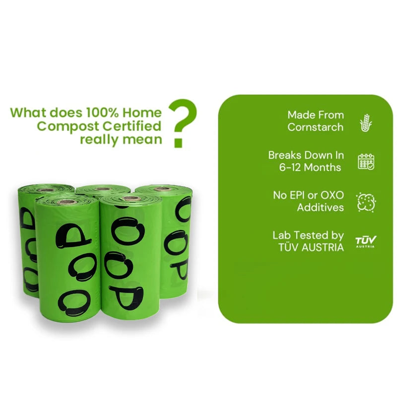 Green compostable dog waste bags shown next to text explaining what 100% Home Compost Certified means.