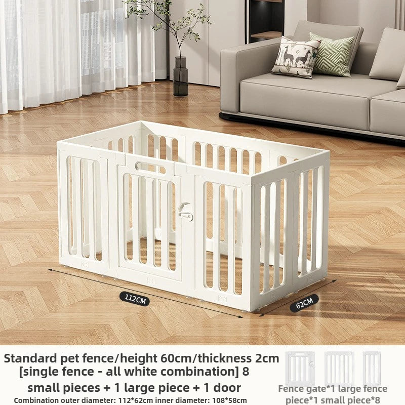 A white heavy duty pet fence cage with a door and suction cups shown on a wooden floor.