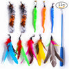 A variety pack of interactive cat toys featuring feathers and plush attachments in various colors like orange, green, blue, a