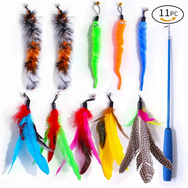 A variety pack of interactive cat toys featuring feathers and plush attachments in various colors like orange, green, blue, a