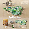 A green and white interactive cat toy shaped like a hide and seek area with various toys included in the box.