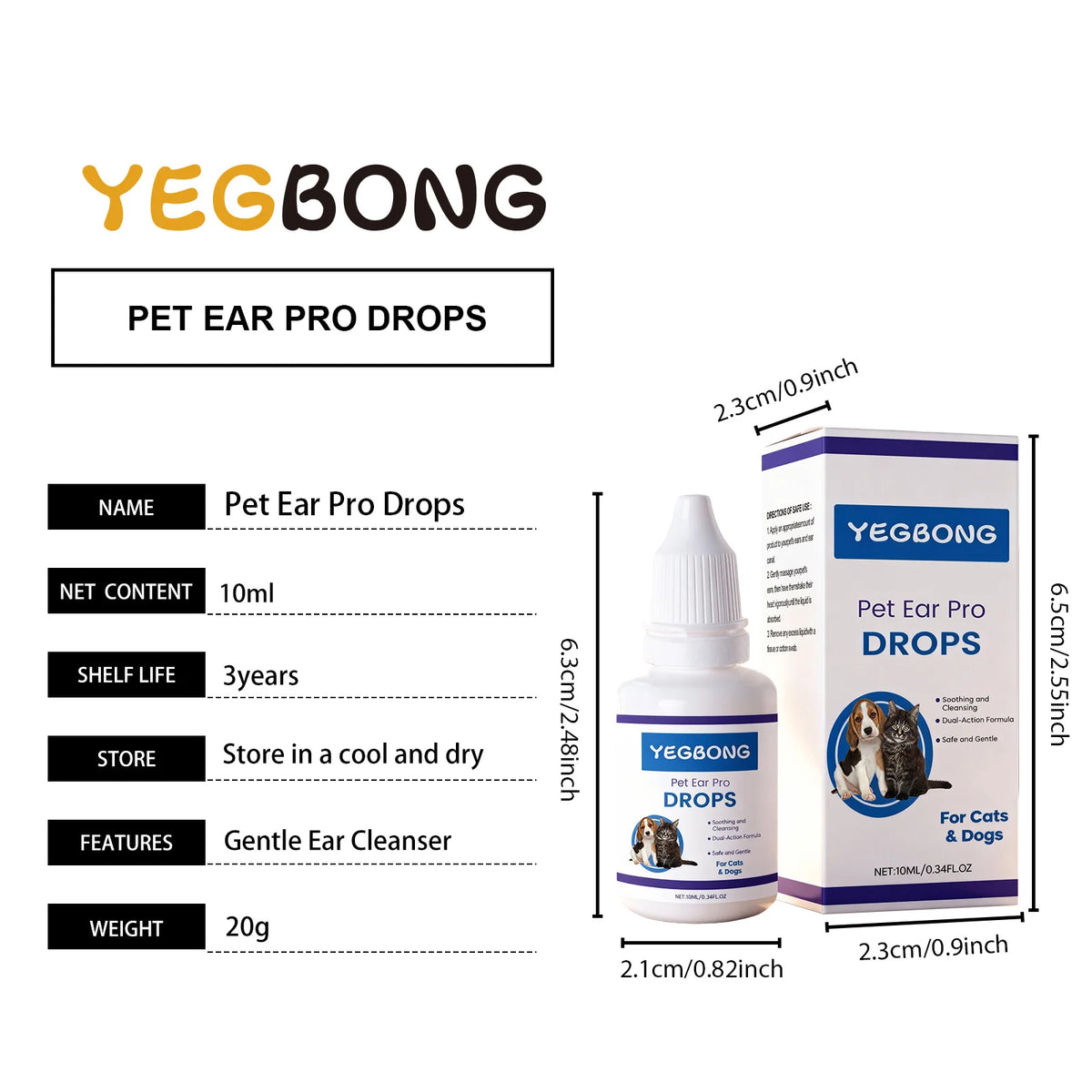 Botella y caja de Yegbong Pet Ear Pro Drops para limpiar los oídos de las mascotas
