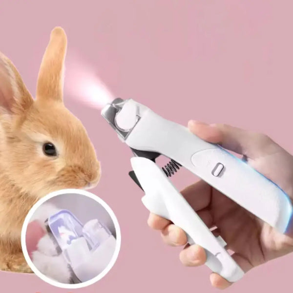 A hand holds a white pet nail trimmer device with an LED light, demonstrating its use on a rabbit's nail.