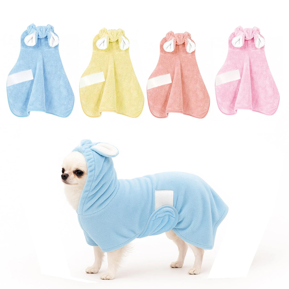 A collection of pink, yellow, and blue hooded pet bathrobes for dogs and cats displayed next to a light blue one.
